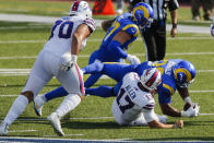 Los Angeles Rams' Aaron Donald recovers the ball after sacking Buffalo Bills' Josh Allen (17) during the second half of an NFL football game Sunday, Aug. 26, 2018, in Orchard Park, N.Y. (AP Photo/John Munson)