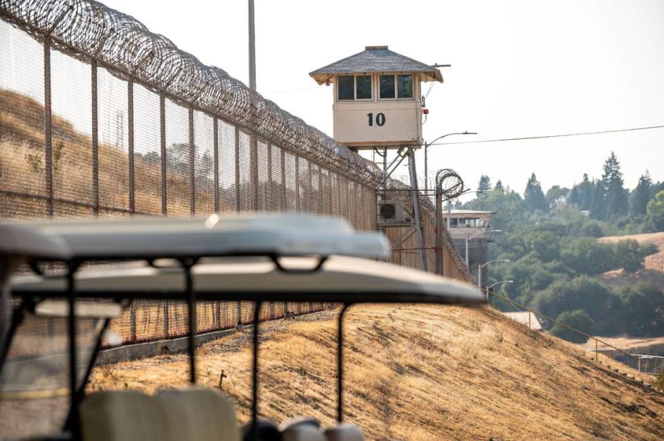 A guard tower stands at Folsom State Prison on Aug. 24, 2021. California Gov. Gavin Newsom and lawmakers are considering more prison closures to save money as the inmate population declines.