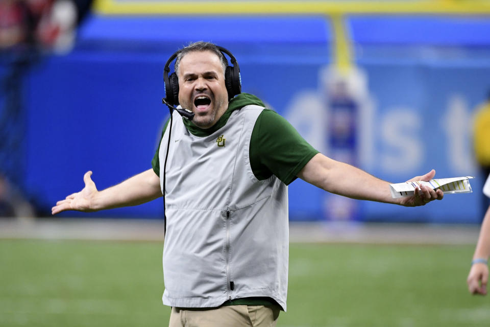 Baylor head coach Matt Rhule reacts from the sideline in the second half of the Sugar Bowl NCAA college football game against Georgia in New Orleans, Wednesday, Jan. 1, 2020. (AP Photo/Bill Feig)