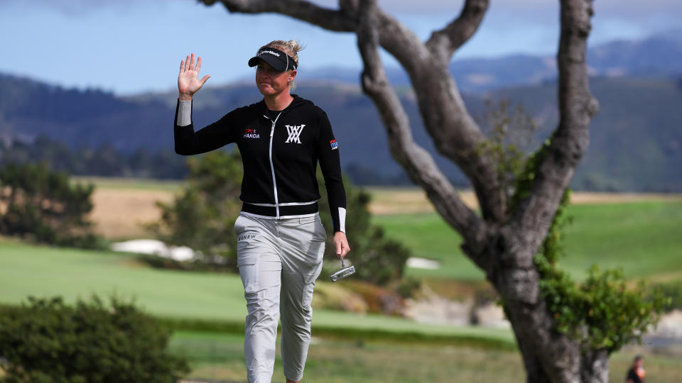 Charley Hull of England reacts after making birdie on the 16th green during the final round of the 78th U.S. Women's Open at Pebble Beach Golf Links