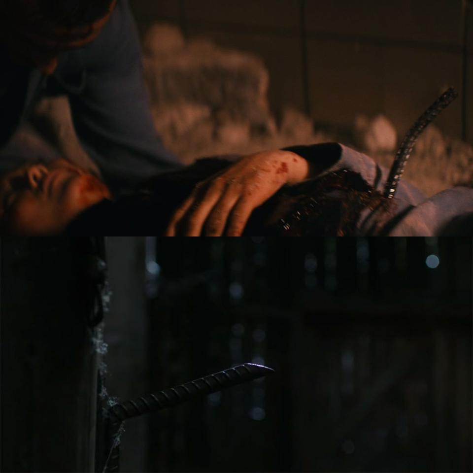 In the top image: Kimiko getting impaled in season three, episode four of "The Boys." In the bottom image: The rebar that killed Dean Winchester in the "Supernatural" series finale.