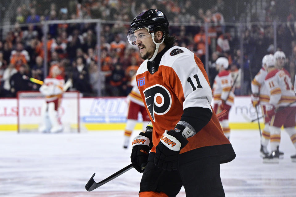 Philadelphia Flyers' Travis Konecny celebrates his goal during the third period of an NHL hockey game against the Calgary Flames, Saturday, Jan. 6, 2024, in Philadelphia. (AP Photo/Derik Hamilton)