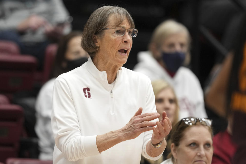 Stanford coach Tara VanDerveer applauds during the fourth quarter of the team's NCAA college basketball game against Arizona State on Saturday, Dec. 31, 2022, in Stanford, Calif. (AP Photo/Darren Yamashita)