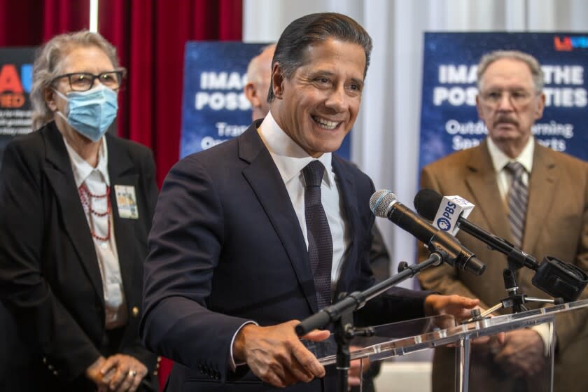 Los Angeles, CA - August 08: Superintendent Alberto M. Carvalho speaks to reporters during a press conference after he welcomed the Los Angeles Unified community back to school for the 2022-2023 school year with his first Opening of Schools address titled 'Imagine the Possibilities,' at the Microsoft Theater on Monday, Aug. 8, 2022, in Los Angeles, CA. The event also featured performers from across Los Angeles Unified. (Francine Orr / Los Angeles Times)