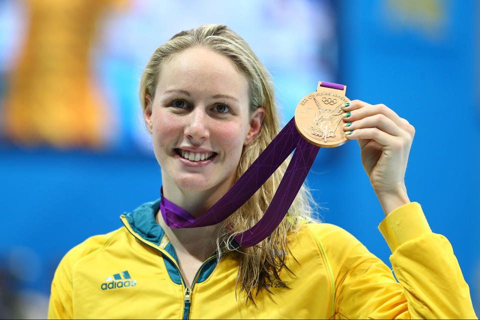 Bronze medallist Bronte Barratt of Australia poses on the podium during the medal ceremony for the Women's 200m Freestyle final on Day 4 of the London 2012 Olympic Games at the Aquatics Centre on July 31, 2012 in London, England.