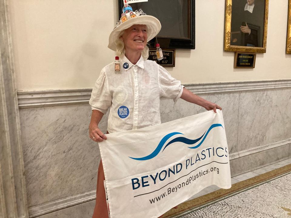 Eileen Ryan, Watertown, leader of Beyond Plastics of Greater Boston attended the launch of a campaign to update the state's bottle bill and address the proliferation of single-use plastics.