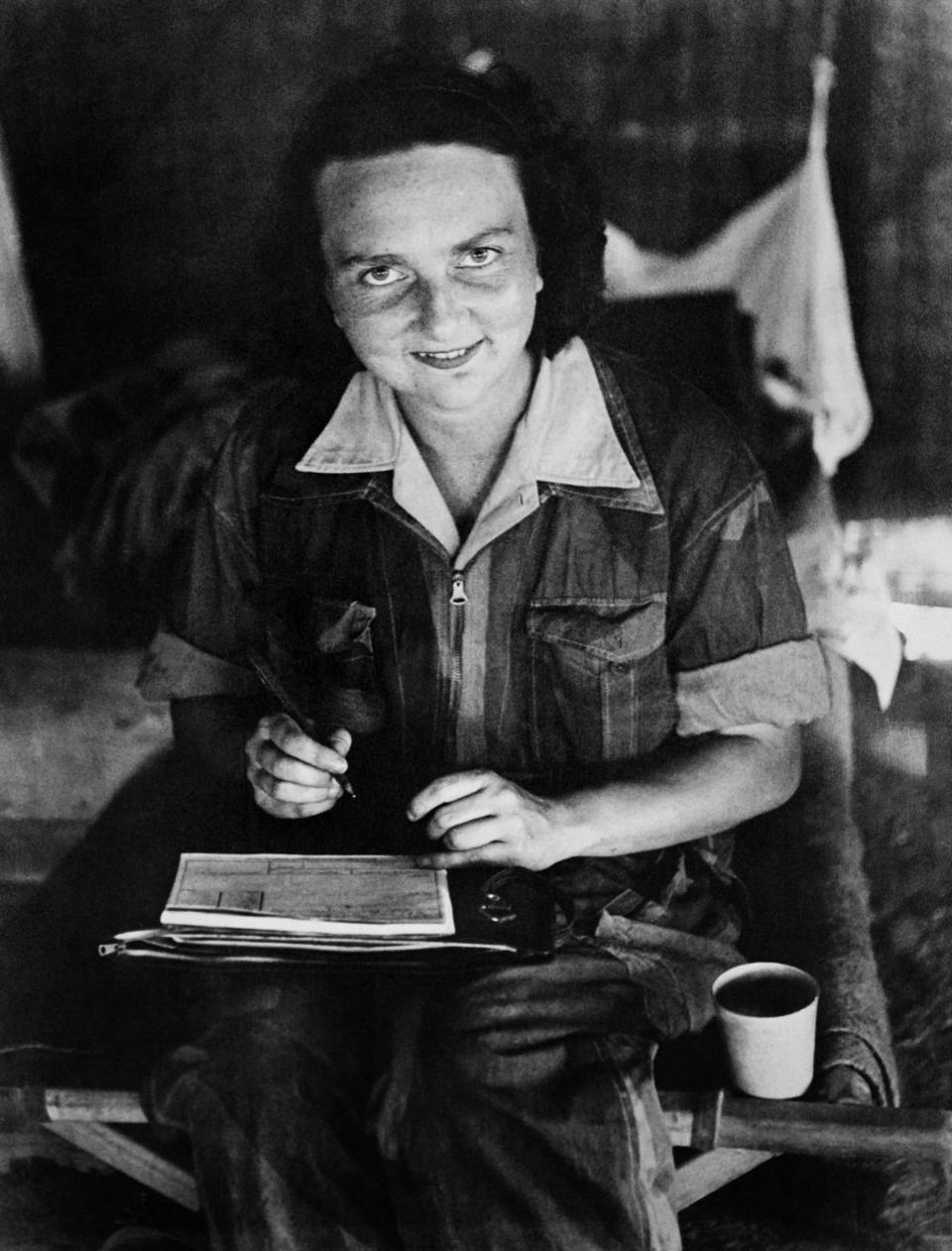 Geneviève de Galard writing a telegram to her mother after her liberation