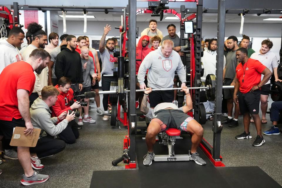 Mar 20, 2024; Columbus, Ohio, USA; Ohio State Buckeyes linebacker Steele Chambers bench presses during Pro Day at the Woody Hayes Athletic Center.
