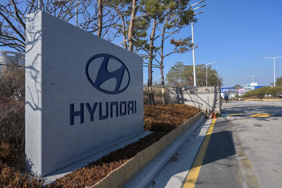 A photo taken on February 10, 2020 shows a general view of the entrance to the Hyundai Motor Asan Factory in Asan, south of Seoul. - Hyundai has had to suspend production at its factories across South Korea, putting 25,000 workers on forced leave and partial wages, hamstrung by a lack of parts with the coronavirus outbreak crippling China's industrial output. (Photo by Yelim LEE / AFP) (Photo by YELIM LEE/AFP via Getty Images)