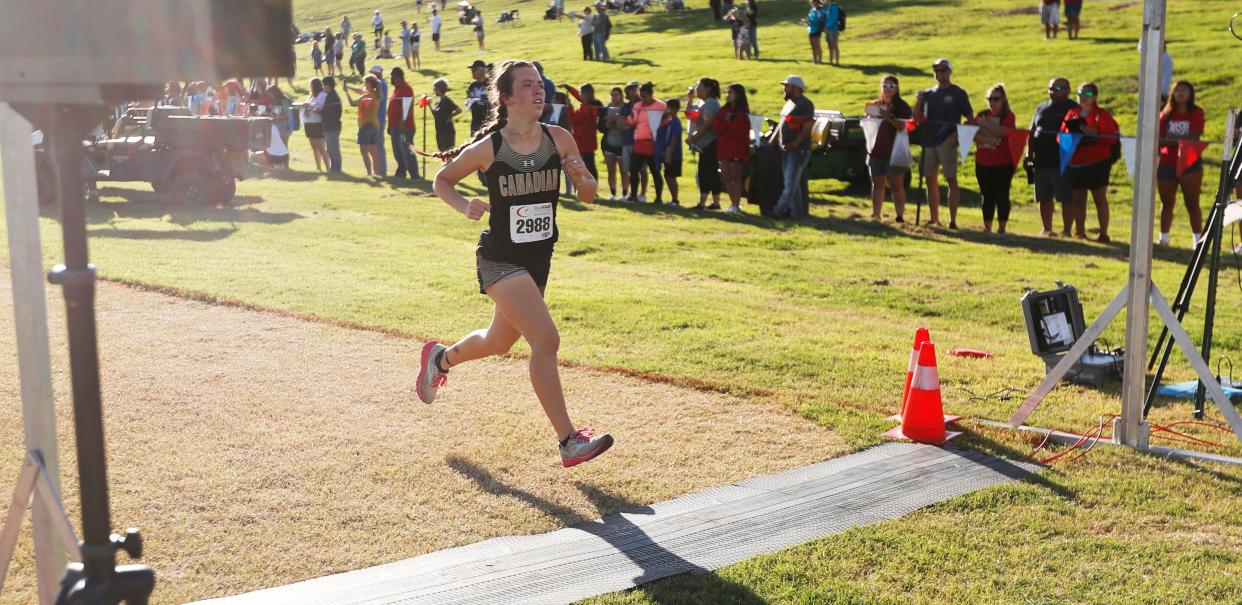 Canadian’s Konnar McClendon	(2988) comes in second place. Athletes compete in the Lubbock Independent School District cross country Invitational, Saturday, Sept. 17, 2022, at Mae Simmons Park. 