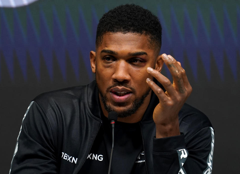 Anthony Joshua during a press conference after defeat in the WBA, WBO, IBF and IBO World Heavyweight titles match against Oleksandr Usyk at the Tottenham Hotspur Stadium. Picture date: Saturday September 25, 2021. (Photo by Nick Potts/PA Images via Getty Images)