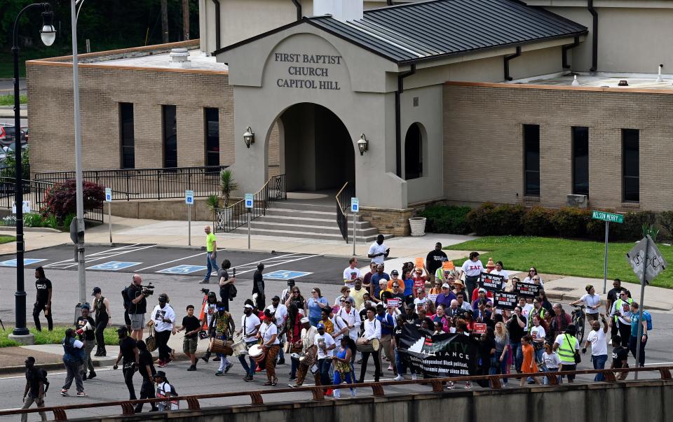 Marchers gather at First Baptist Church, Capitol Hill and make their way toward the Capitol as part of The People vs The State of Tennessee Rally on Wednesday, April 17, 2024.