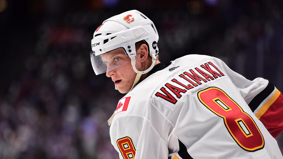 Flames defenceman Juuso Valimaki (8) will be sidelined indefinitely. (Ron Chenoy-USA TODAY Sports)