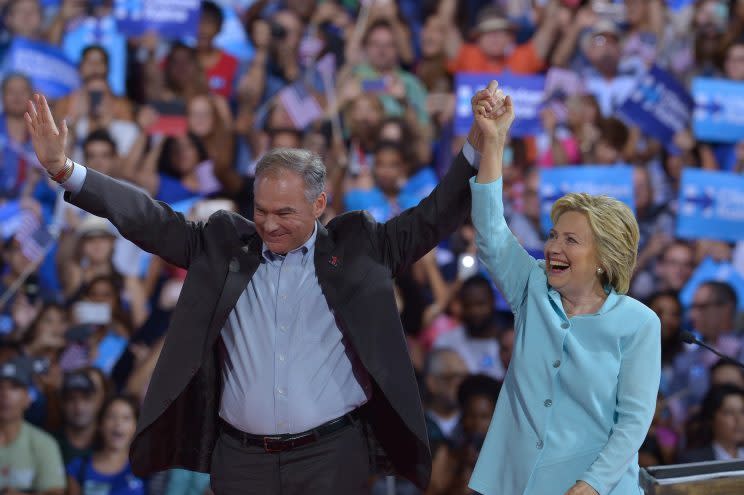 Hillary Clinton introduces her running mate, U.S. Senator Tim Kaine (D-VA) during a campaign rally with Florida voters at the Florida International University Panther Arena, Florida on Friday, July 23, 2016. (Photo by Johnny Louis for Getty)