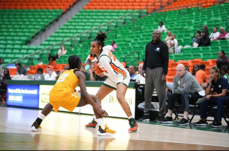 Florida A&M women's basketball guard Dylan Horton (with ball) looks to make a play against Southern guard Taylor Williams (3) at the Al Lawson Multipurpose Center in Tallahassee, Florida on Monday, Feb. 27, 2023