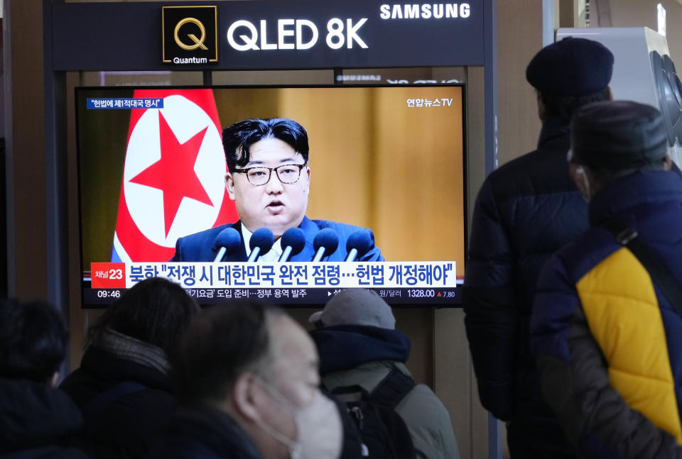 A TV screen shows an image of North Korean leader Kim Jong Un during a news program at the Seoul Railway Station in Seoul, South Korea, Tuesday, Jan. 16, 2024. North Korea has abolished key government organizations tasked with managing relations with South Korea, state media said Tuesday, as the authoritarian leader said he would no longer pursue reconciliation with his rival. (AP Photo/Ahn Young-joon)
