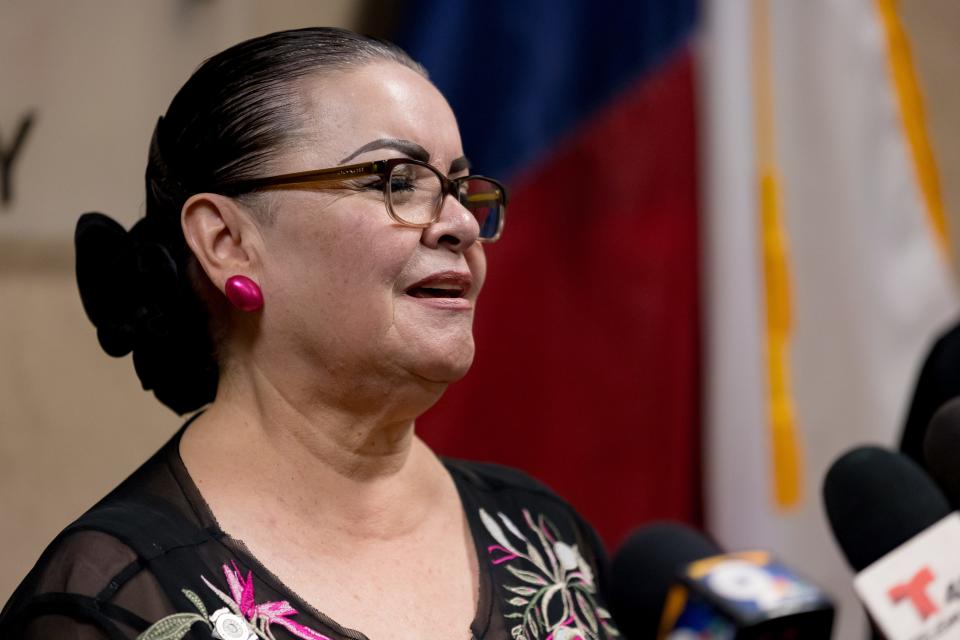 Esther Herrera, El Paso Sheriff Deputy Peter Herrera's mother, speaks to the press after the victim impact statements after Facundo Chavez's trial on Thursday, Aug. 10, 2023. An El Paso jury has returned a death penalty sentence for Chavez, who was convicted of killing El Paso Sheriff Deputy Peter Herrera during a 2019 traffic stop.