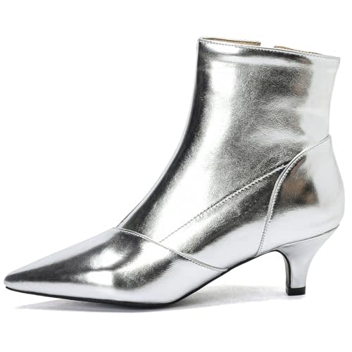 DINTAHA Silver Booties for Women,Pointed Toe Low Heel Ankle Boots,Kitten Heel Metallic Boots for Women Size 8