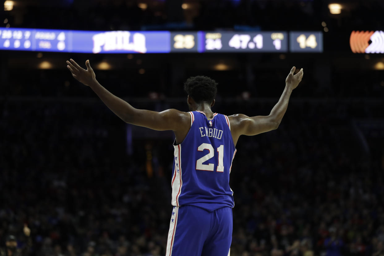 Until an opposing player hands Joel Embiid his lunch, it'll be difficult to make a case against him. (AP Photo/Matt Slocum)
