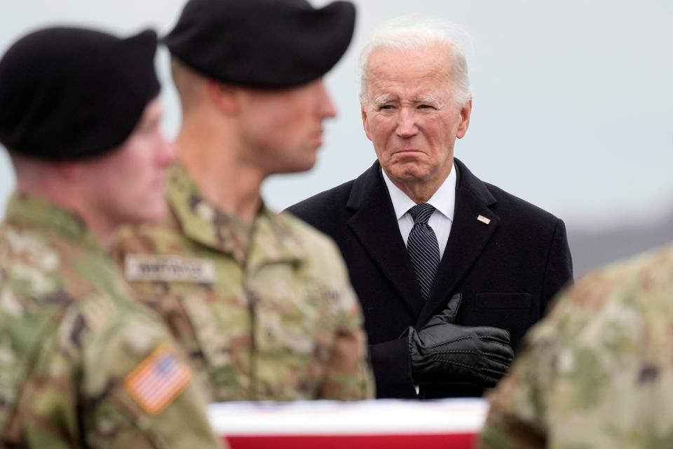 President Joe Biden watches as an Army carry team moves the flag-draped transfer case containing the remains of U.S. Army Sgt. Breonna Alexsondria Moffett, 23, of Savannah, Ga., during a casualty return at Dover Air Force Base, Del., Friday, Feb. 2, 2024. Moffett was killed in a drone attack in Jordan on Jan. 28. (AP Photo/Alex Brandon) ORG XMIT: DEAB336