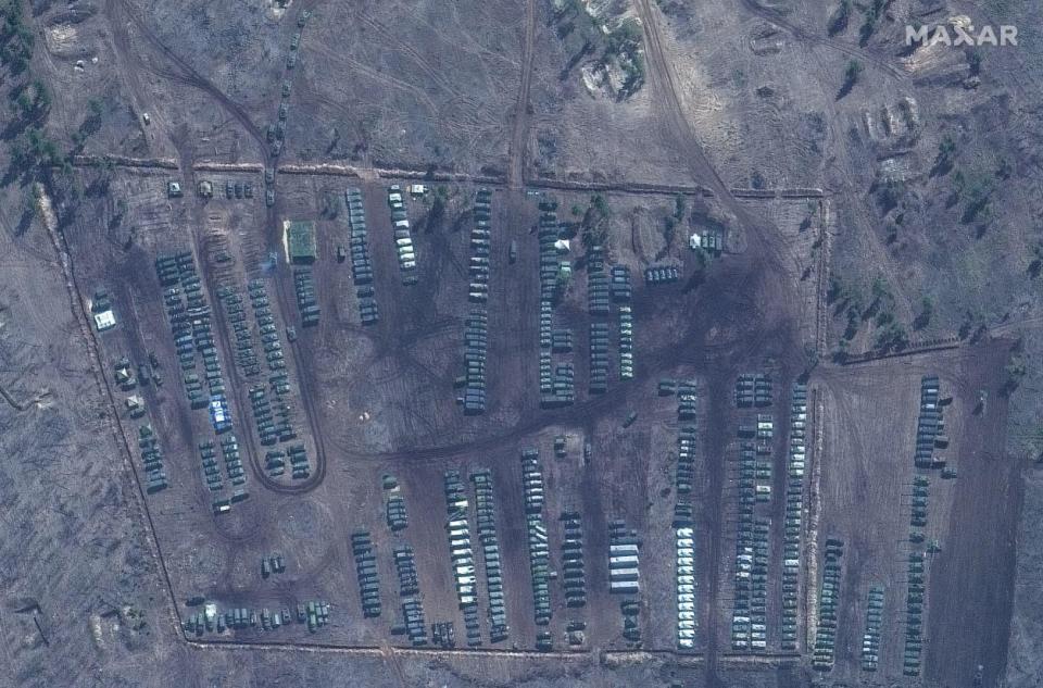 A satellite image provided by Maxar Technologies shows tanks and other military equipment at the Russian military's Pogorovo training area, near Voronezh, Russia on April 10, 2021. / Credit: Satellite image ©2021 Maxar Technologies