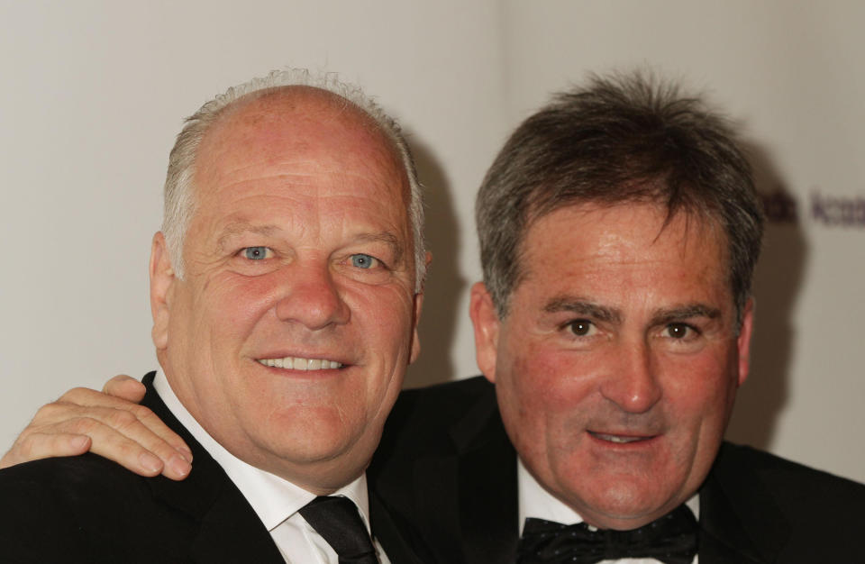 Andy Gray (left) and Richard Keys arriving for the Sony Radio Academy Awards, at the Grosvenor House hotel in central London.   (Photo by Yui Mok/PA Images via Getty Images)