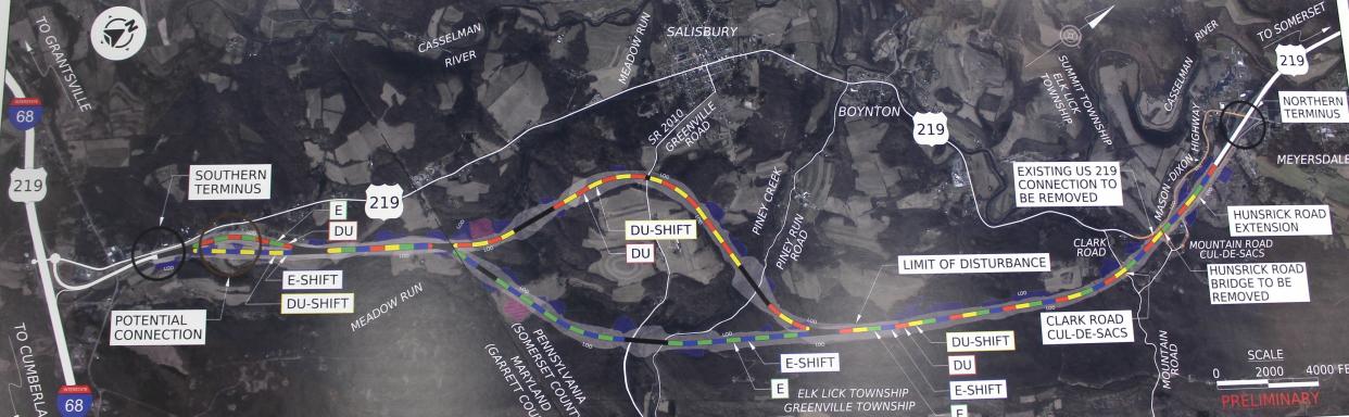 A detailed alternative map, shown above, of the proposed routes for Route 219 from Meyersdale to the Maryland line was presented at a public meeting last year at the Salisbury Firehall.