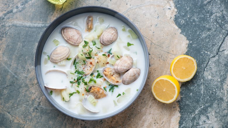 clam chowder in gray bowl