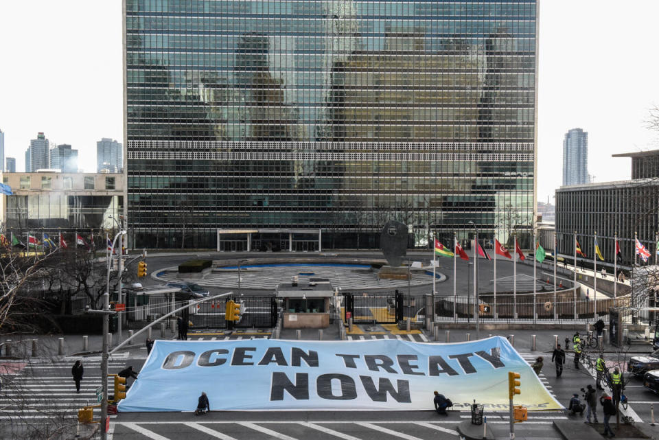 2023年2月27日，綠色和平行動者於美國紐約聯合國總部外，展開巨型布條，向正進行《全球海洋公約》協商會議的政府代表要求「立即制定海洋公約」。