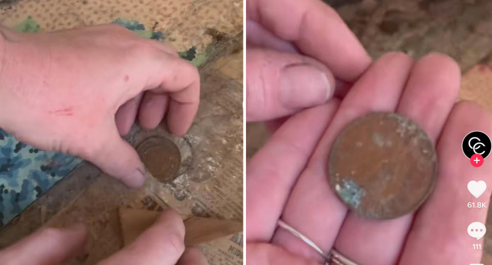 Two photos of the 1930 Australian coin found under a mould-covered carpet in the home two hours outside of Sydney.