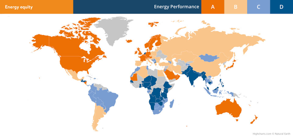 Mapa mundial de equidad energética del WEC que distingue 4 niveles desde el A, el de mayor, al D, el de menor equidad energética. <a href="https://trilemma.worldenergy.org/" rel="nofollow noopener" target="_blank" data-ylk="slk:WEC Energy Trilemma Index Tool;elm:context_link;itc:0;sec:content-canvas" class="link ">WEC Energy Trilemma Index Tool</a>, <a href="http://creativecommons.org/licenses/by-sa/4.0/" rel="nofollow noopener" target="_blank" data-ylk="slk:CC BY-SA;elm:context_link;itc:0;sec:content-canvas" class="link ">CC BY-SA</a>