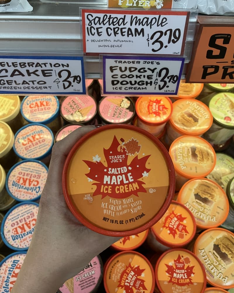 someone holding Salted Maple Ice Cream at Trader Joe's store