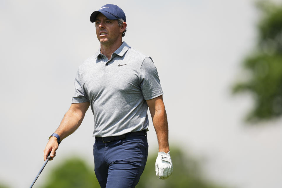 Rory McIlroy walks to the ninth green during the third round of the Memorial Tournament golf tournament at the Muirfield Village Golf Club. Mandatory Credit: Aaron Doster-USA TODAY Sports