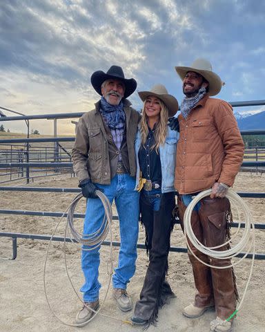 <p>Hassie Harrison Instagram</p> From left: Forrie J. Smith, Hassie Harrison and Ryan Bingham on the set of 'Yellowstone'.