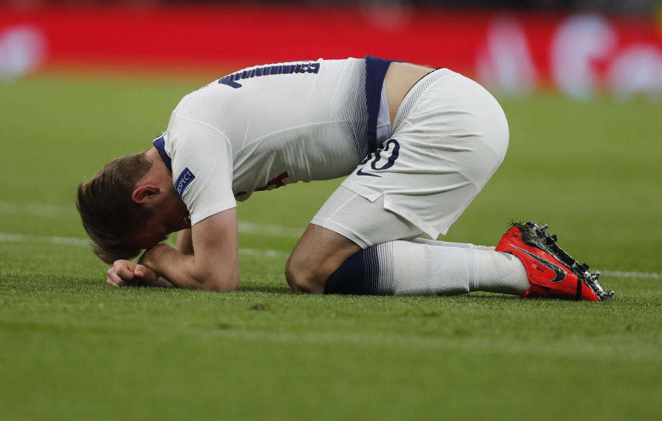 Tottenham's Harry Kane lies on the pitch during the Champions League, round of 8, first-leg soccer match between Tottenham Hotspur and Manchester City at the Tottenham Hotspur stadium in London, Tuesday, April 9, 2019. (AP Photo/Frank Augstein)