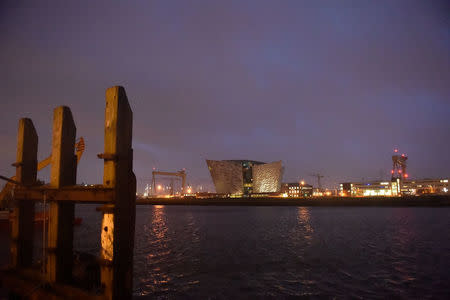 A general view is seen at dusk over the river Lagan of Belfast, Northern Ireland February 6, 2017. Picture taken February 6, 2017. REUTERS/Clodagh Kilcoyne