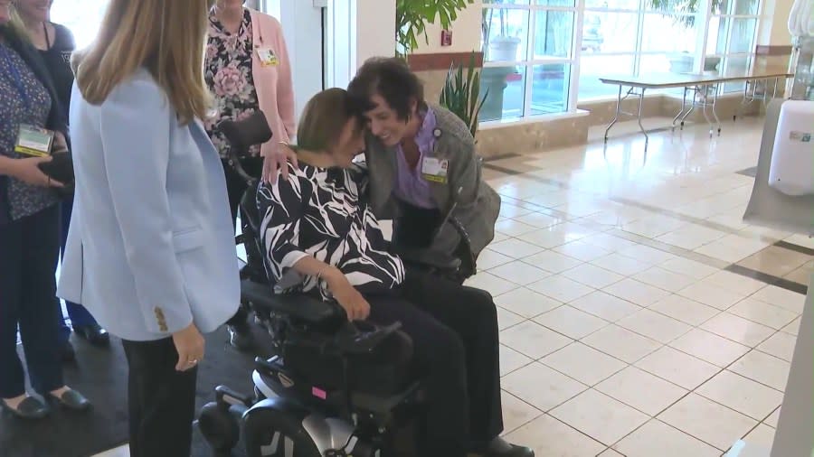 Colleagues bid farewell to Deanne Niedziela at Mission Hospital on June 13, 2024 as she retires after experiencing an accident that left her paralyzed. (KTLA)