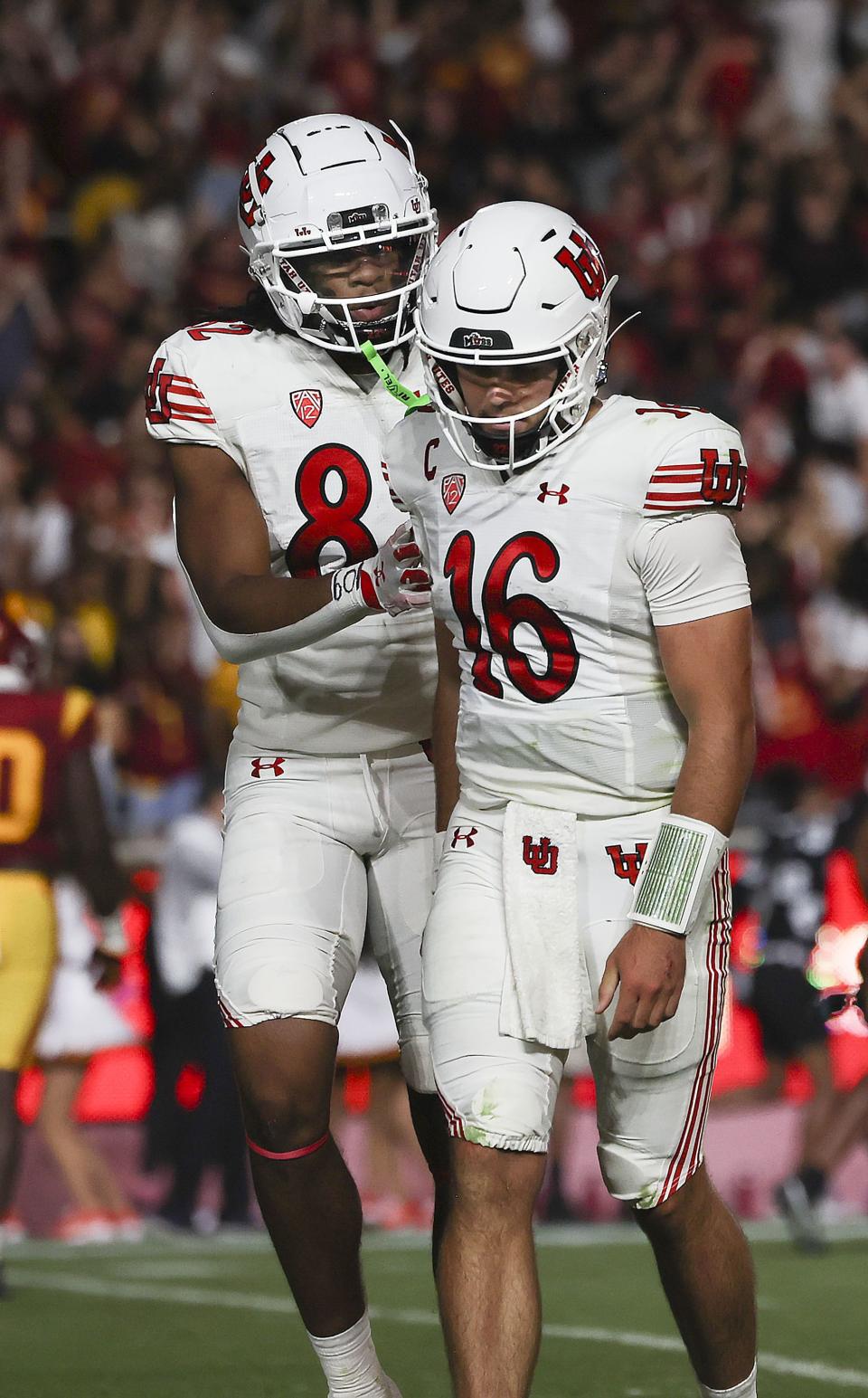 Utah Utes tight end Landen King consoles quarterback Bryson Barnes (16) after Barnes threw an interception in the game against the USC Trojans at the Los Angeles Memorial Coliseum on Saturday, Oct. 21, 2023. | Laura Seitz, Deseret News