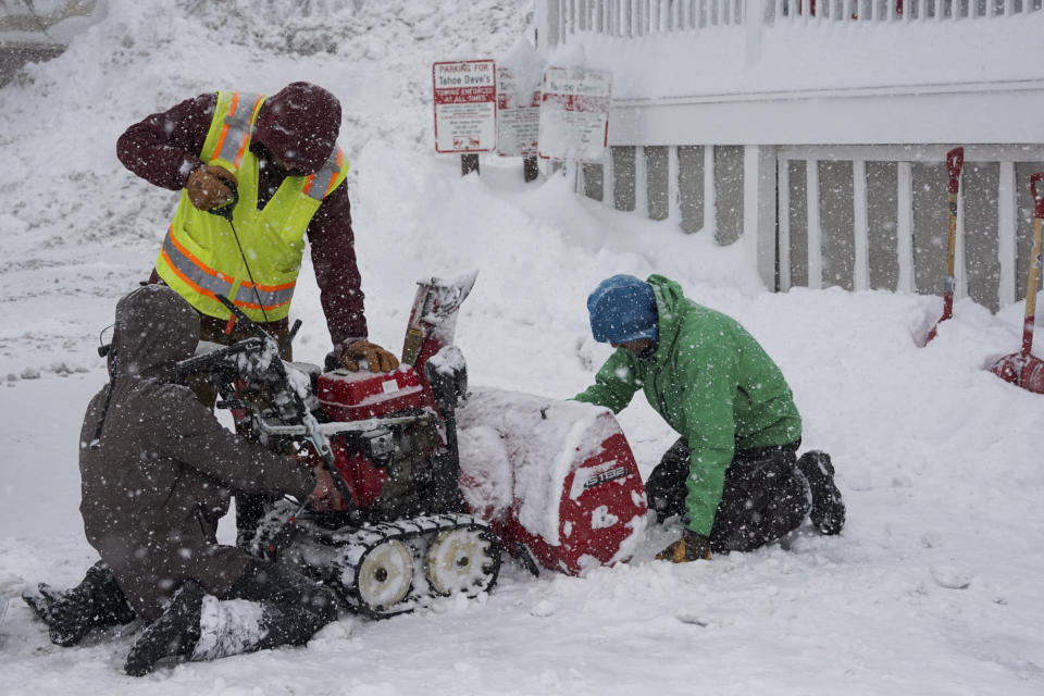 A snow blower is prepared to clear snow during a storm, Sunday, March 3, 2024, in Truckee, Calif. (AP Photo/Brooke Hess-Homeier)