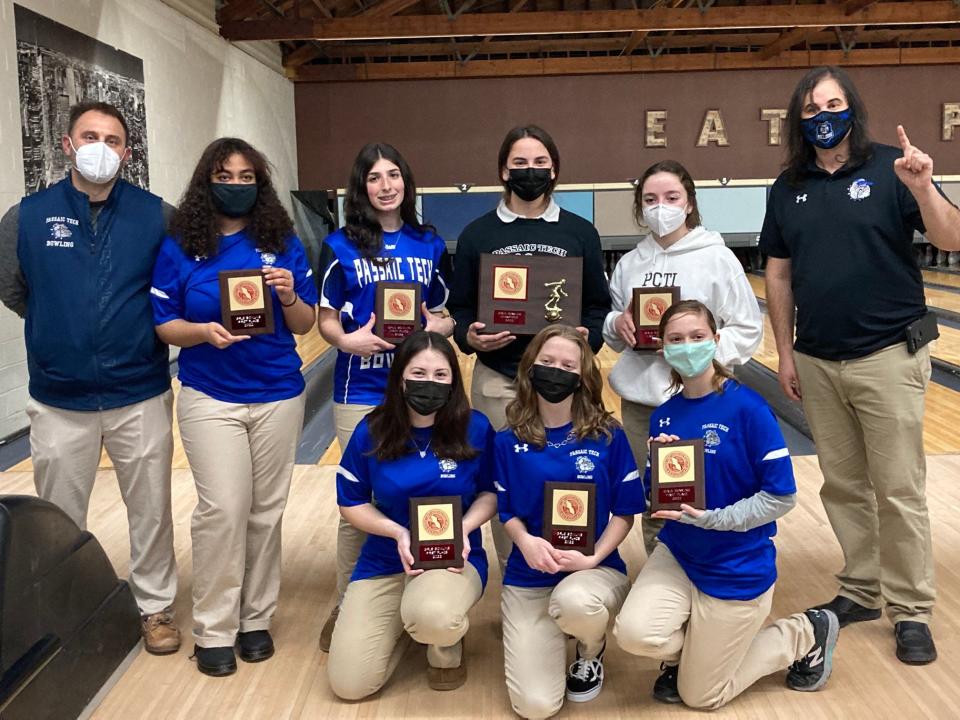 The Passaic Tech girls bowling team, shown celebrating the 2022 Passaic County championship in January, began the new season with a victory in the Dec. 9 Tom Irwin Crusader Classic.