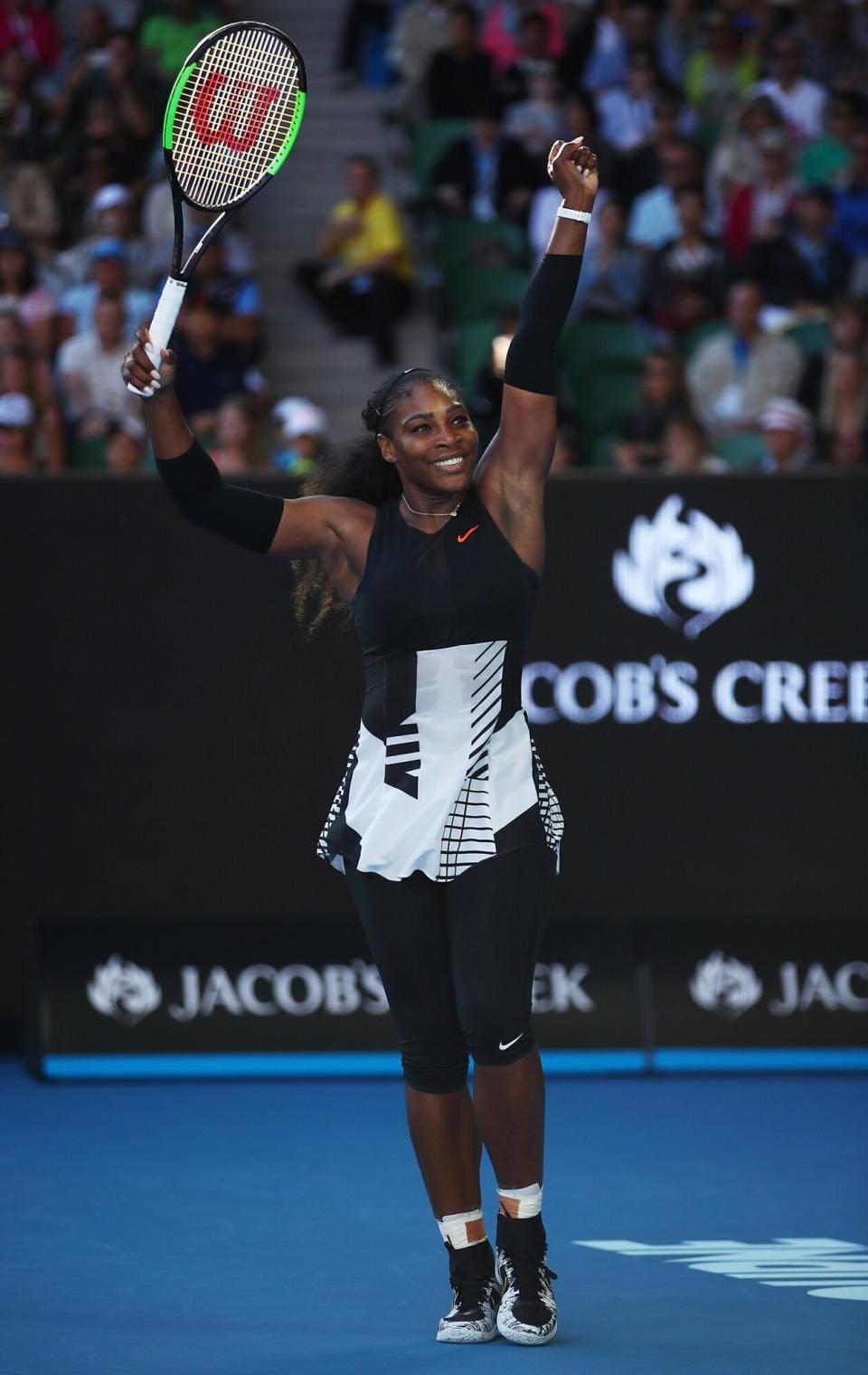 Serena Williams of the United States celebrates winning her semifinal match against Mirjana Lucic-Baroni of Croatia on day 11 of the 2017 Australian Open at Melbourne Park on January 26, 2017 in Melbourne, Australia