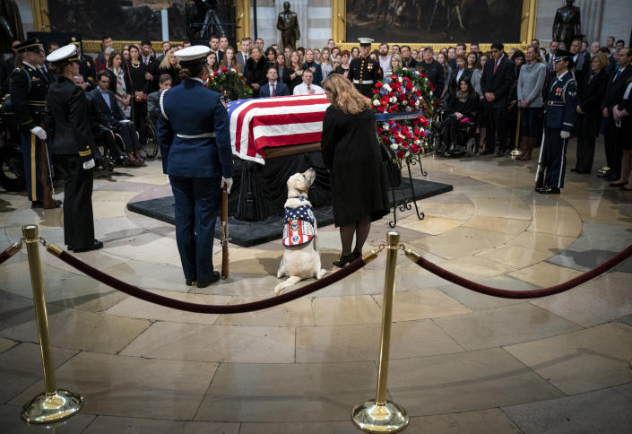 Sully, a yellow Labrador service dog for former President George H. W. Bush, sits near the casket of the late former President George H.W. Bush as he lies in state at the U.S. Capitol, December 4, 2018 in Washington, DC. (Photo: Drew Angerer/Getty Images)