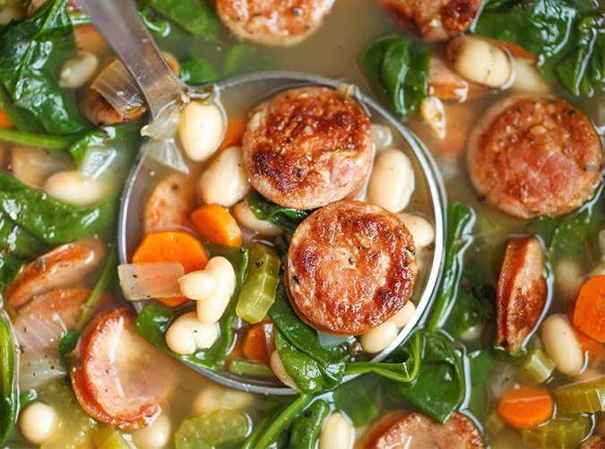 Slow-Cooker Sausage, Spinach and White Bean Soup