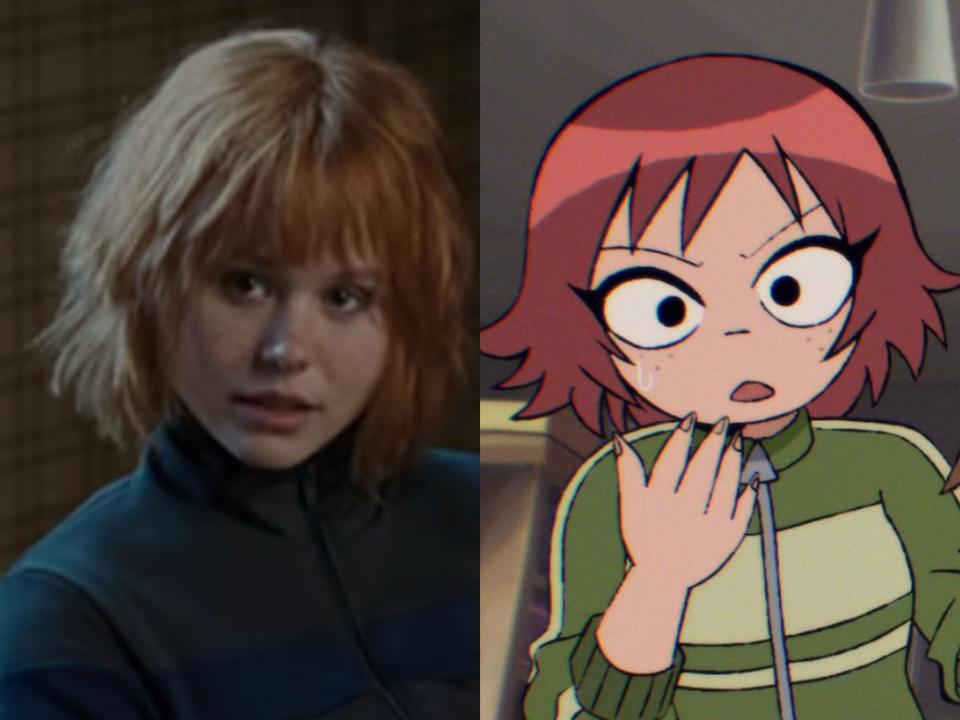 left: alison pill as kim pine in scott pilgrim, a young woman with a high-collared zip-up jacket, short red hair, and an incredulous expression; right: kim in the anime, looking worried and holding her hand up to her face