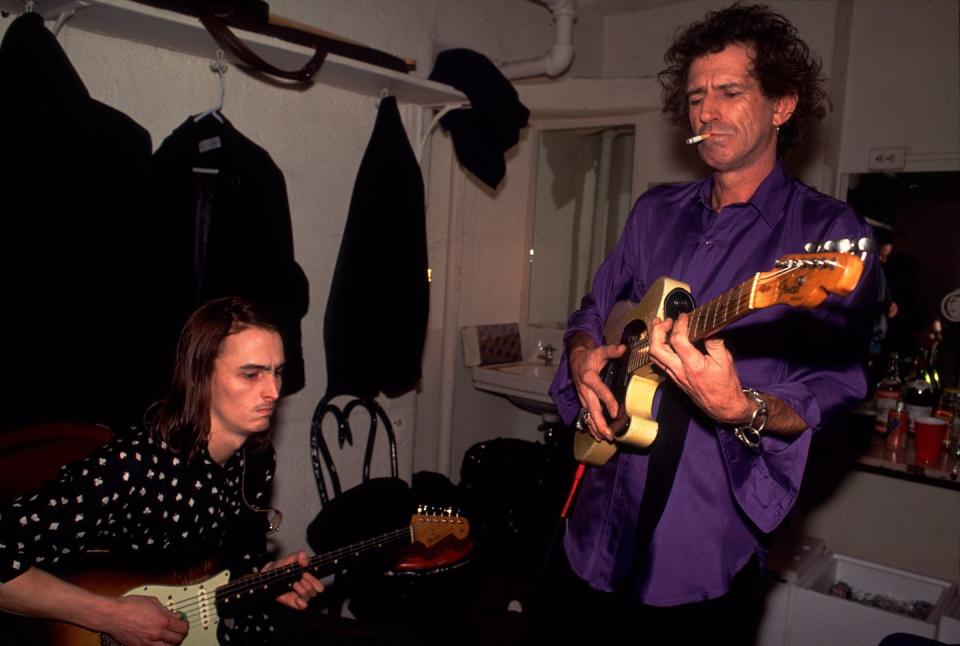 <p>Keith Richards backstage with Mike McCready, of Pearl Jam, at the Academy in NYC on December 31, 1992.</p>