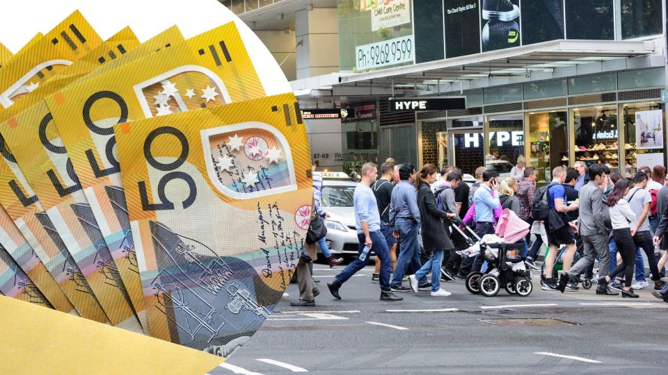 Pictured: Australian cash, pedestrians in Sydney. Images: Getty