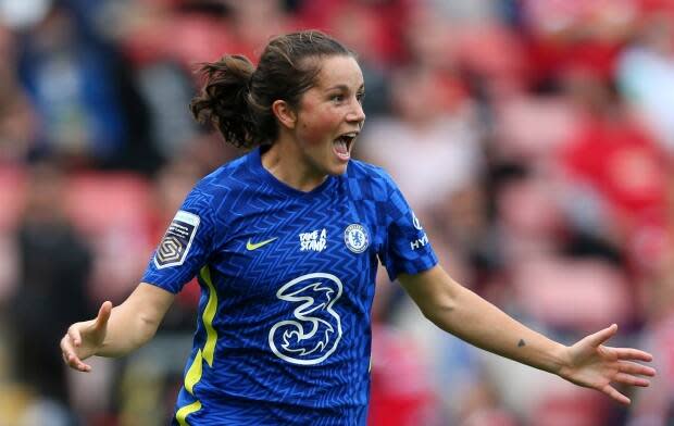 London, Ont., native Jessie Fleming scored her first-ever goal in the FA Women's Super League for reigning champions Chelsea on Sunday in Leigh, England. (Alex Livesey/Getty Images - image credit)