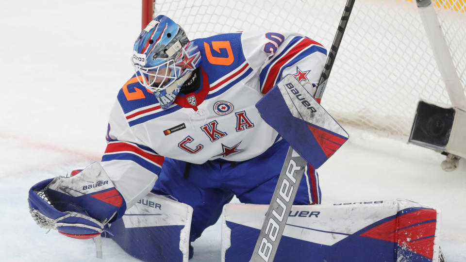 MOSCOW, RUSSIA - SEPTEMBER 17, 2020: SKA St Petersburg's goaltender Yaroslav Askarov in a 2020/2021 KHL Regular Season ice hockey match between Spartak Moscow and SKA St Petersburg at CSKA Arena. Mikhail Japaridze/TASS (Photo by Mikhail Japaridze\TASS via Getty Images)