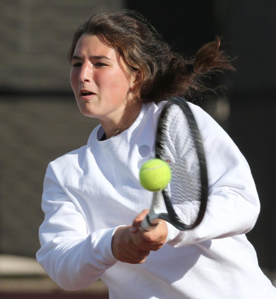 Tess Bucher of Hoover returns a shot during her sectional match against Divya Shanmugam of Jackson at Jackson on Thursday, Oct. 8, 2020. 