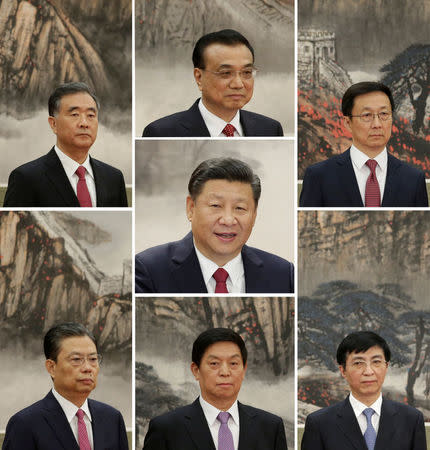 A combination of pictures shows China's new Politburo Standing Committee members Xi Jinping (C), Wang Yang (top L), Li Keqiang (top C), Han Zheng (top R), Zhao Leji (bottom L), Li Zhanshu (bottom C) and Wang Huning at the Great Hall of the People in Beijing, China October 25, 2017. REUTERS/Jason Lee